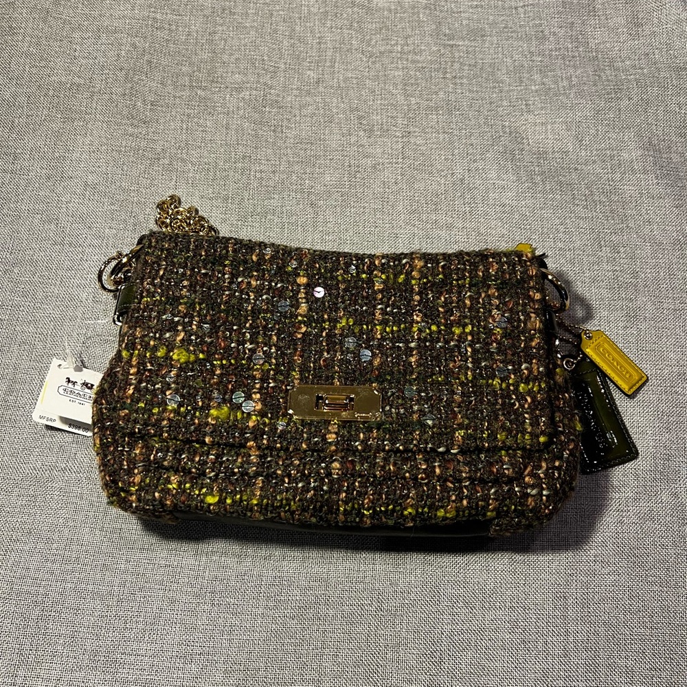 NWT Coach Green/ Brown Fall Tweed Chelsea Boucle Flap Bag